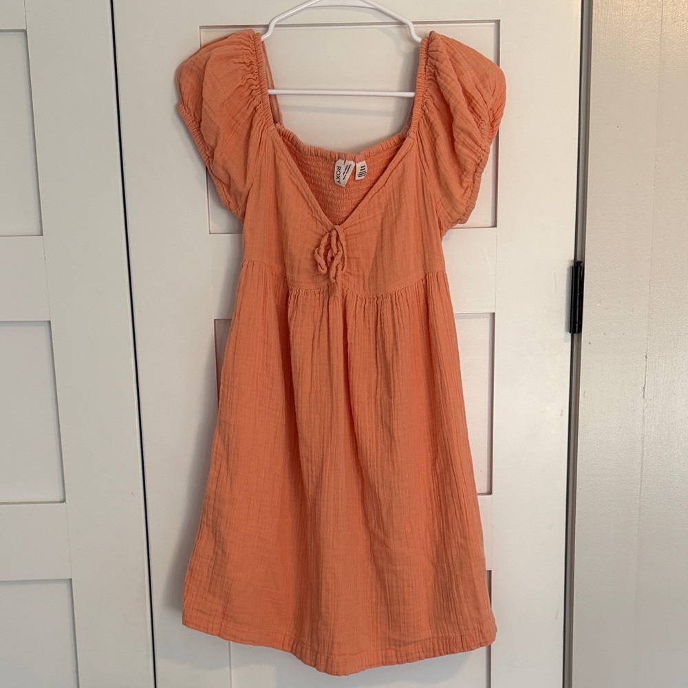 Roxy Peachy Pink/Orange Mini Dress with Puff Sleeves and Smocking detail